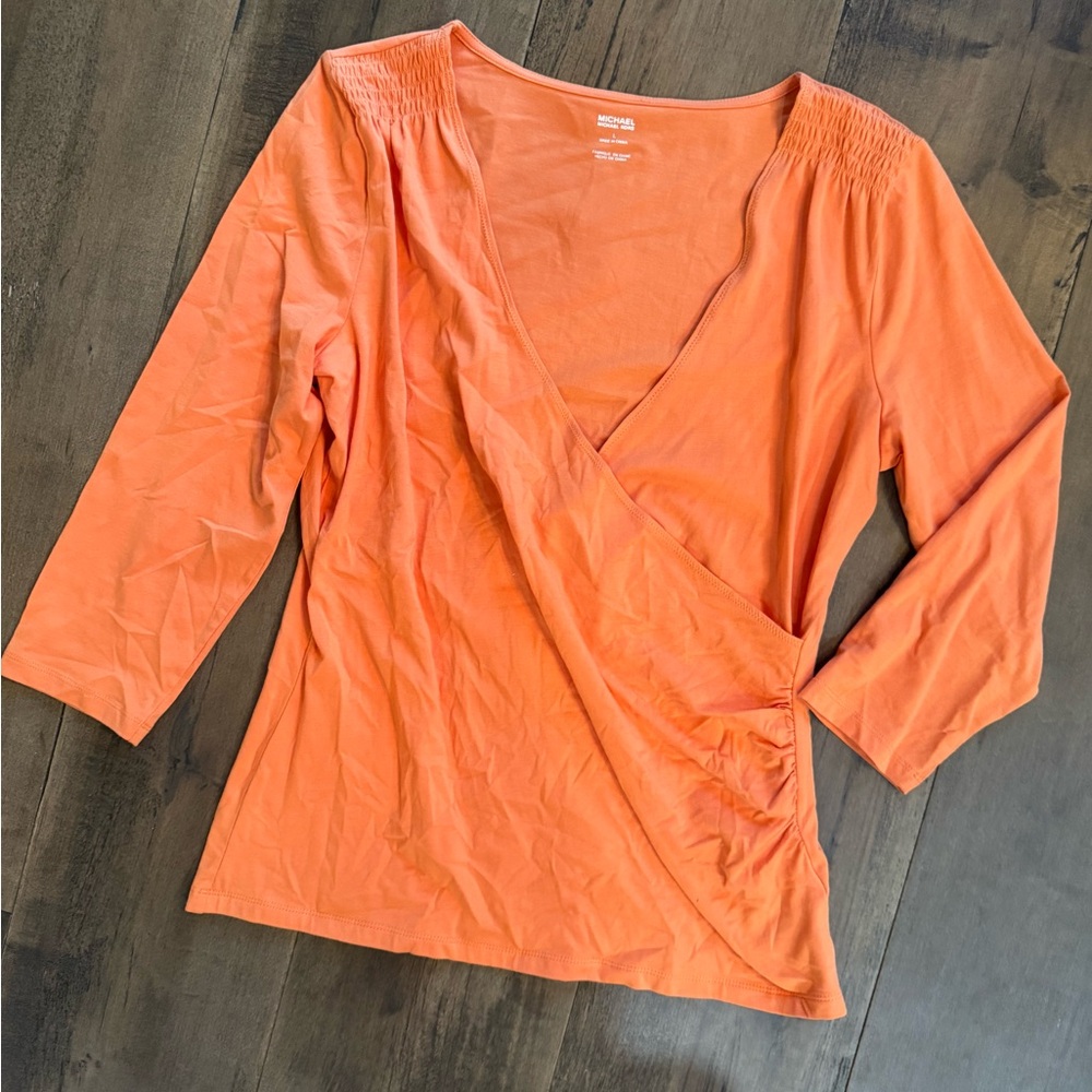 Michael Kors Orange Wrap-Front 3/4 Sleeve Top